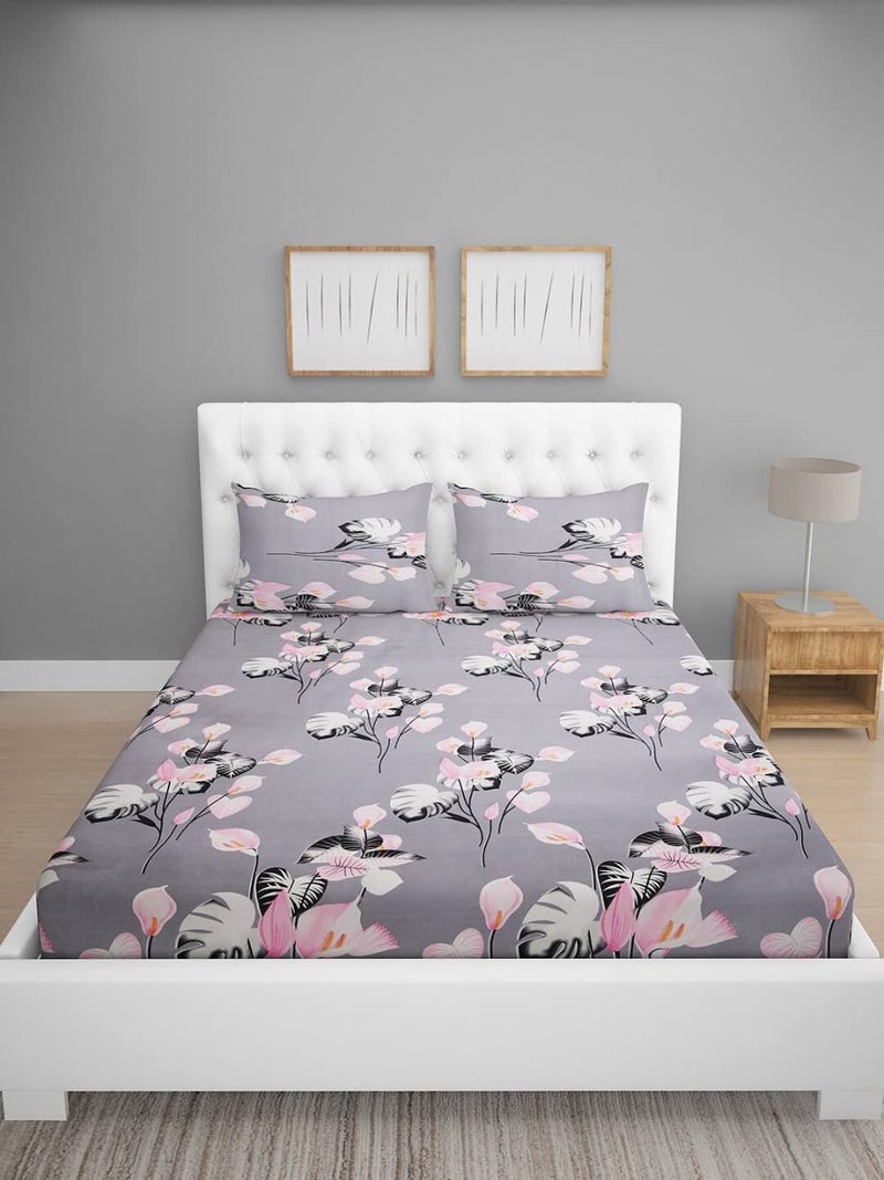 STARNSTYLE 240 TC Cotton Feel Glace Cotton Floral Printed King Size Double Bedsheet with 2 Pillow Covers, Grey - Image 2